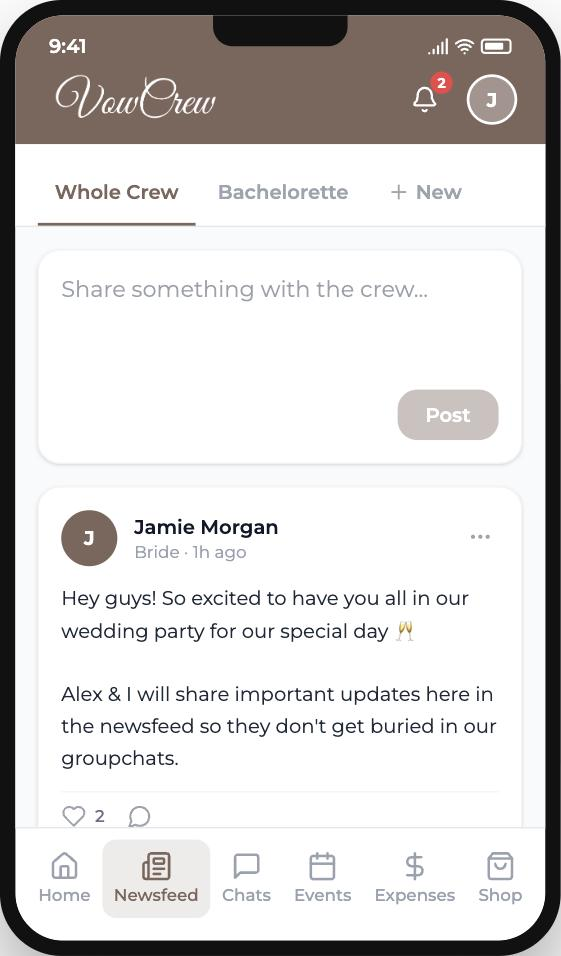 VowCrew Newsfeed screen with a Whole Crew tab, a custom Bachelorette feed tab, and a button to create another custom feed